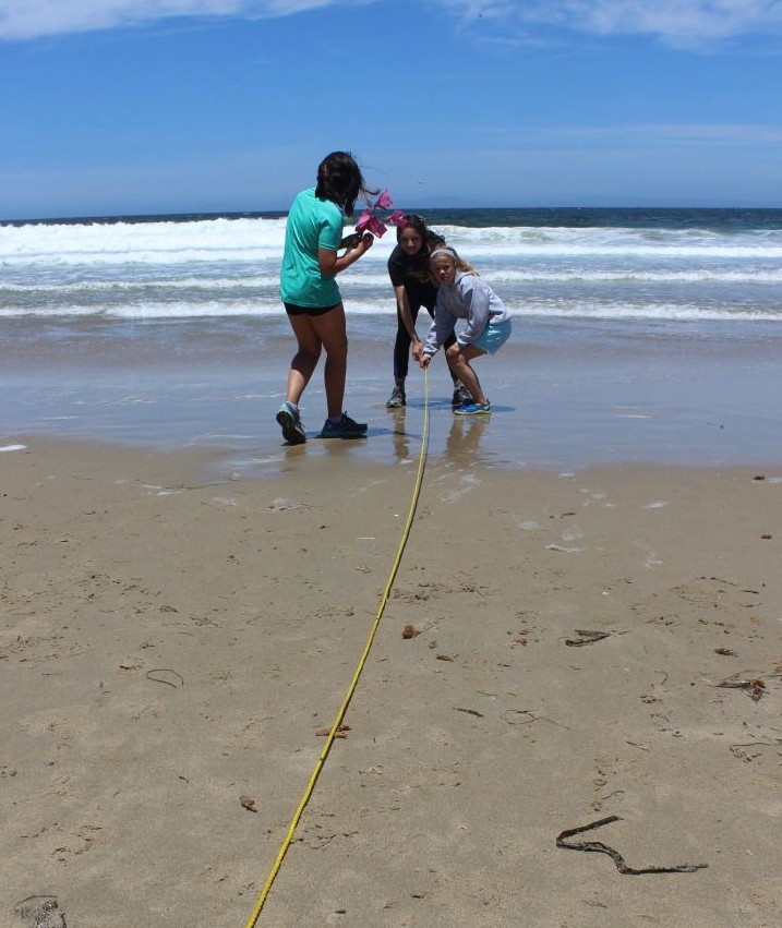 Two people on the beach with a rope.