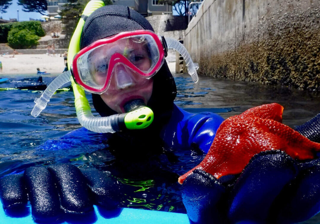 A person in a wet suit and goggles on a surfboard.