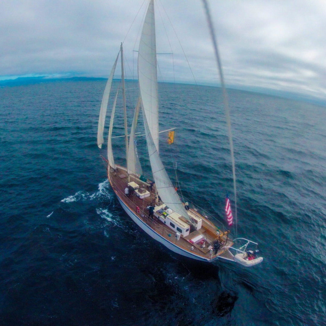 A boat sailing in the ocean under sail.