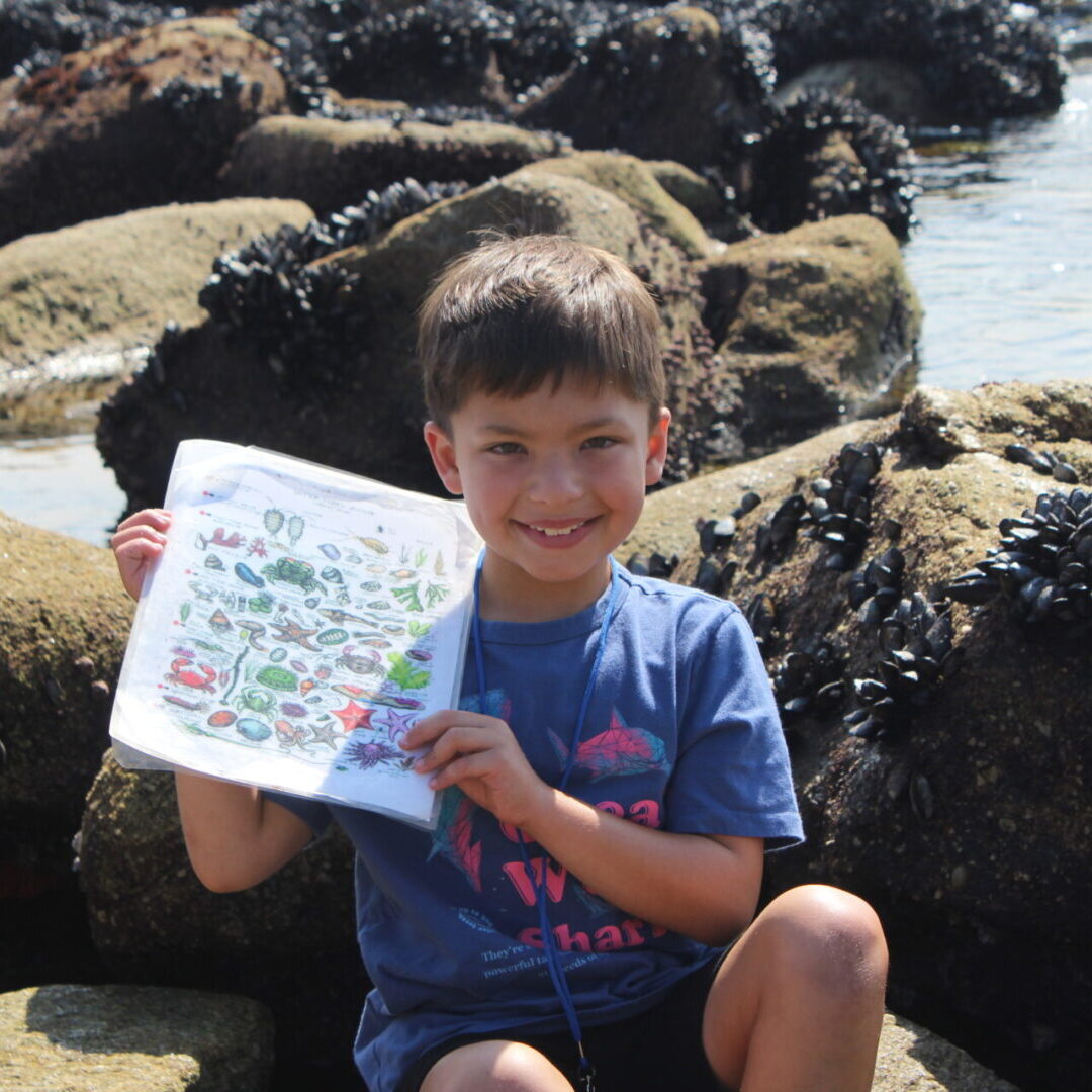 A boy holding up a sheet of paper with writing on it.